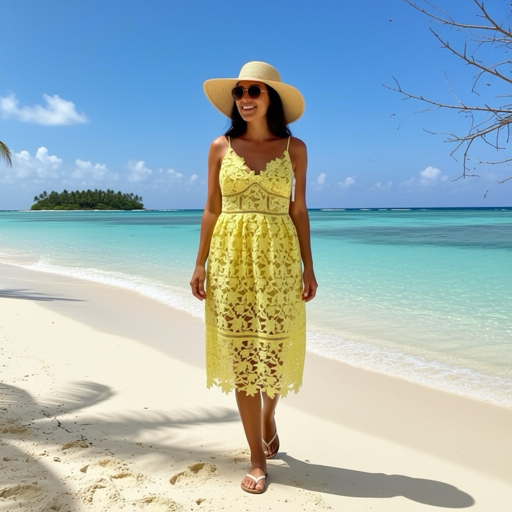 Guess Yellow Lace Midi Dress